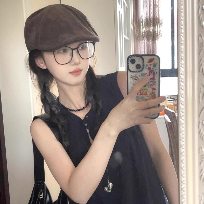 2025新款麂皮绒前进帽女英伦风复古大头围贝雷帽小众百搭画家帽子|undefined
