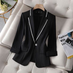 2024 New Large Size Women's Fashionable Small Suit Jacket Women's Three-Quarter Sleeve Fashionable Thin Diamond Suit