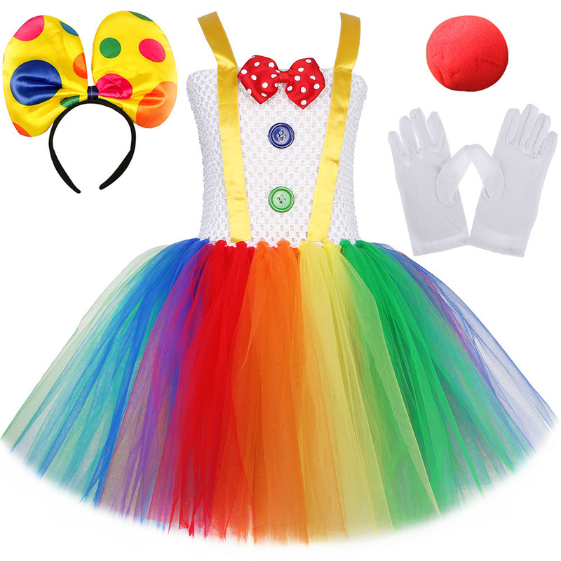 Halloween Clown Performance Costume Children's Mesh Puff Dress Carnival Party Girls Princess Dress European and American Children's Clothing Halloween Clown Performance Costume Children's Mesh Puff Dress Carnival Party Girls Princess Dress European and American Children's Clothing