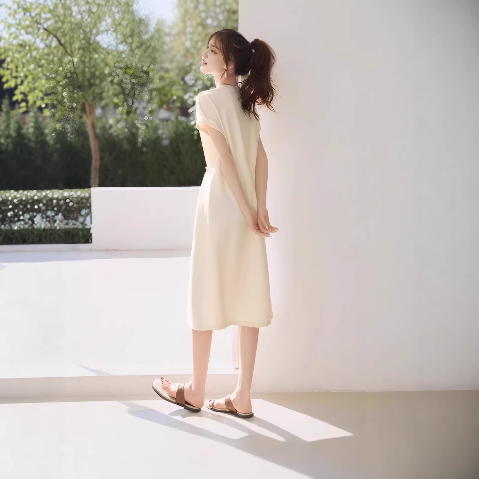 Váy ngắn tay cổ chữ V thắt eo dáng suông mùa xuân hè — màu mơ chi tiết 2