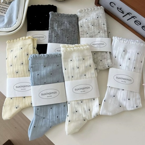 Ribbed polka dot ankle socks for girls, summer thin mesh ballet style Japanese style slimming pure cotton white stack socks