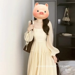 メーカーアプリコットウエスト優しい気質ロングスカートスクエアネックドレス女性の韓国風春秋フレンチスタイル新スタイル