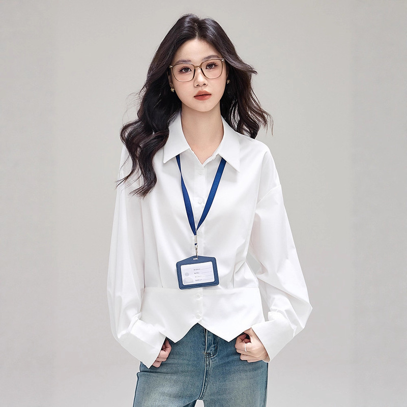 法式开叉白色衬衫女早秋新款时尚上衣职业通勤穿搭长袖设计感小众|undefined