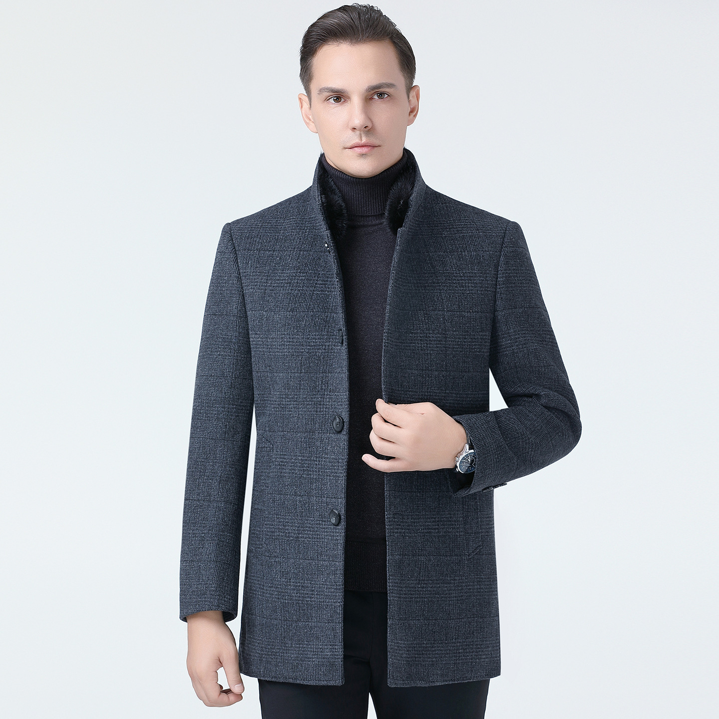 Mid-length double-faced cashmere wool coat for middle-aged men, winter wool coat with stand-up collar and thickened upper.