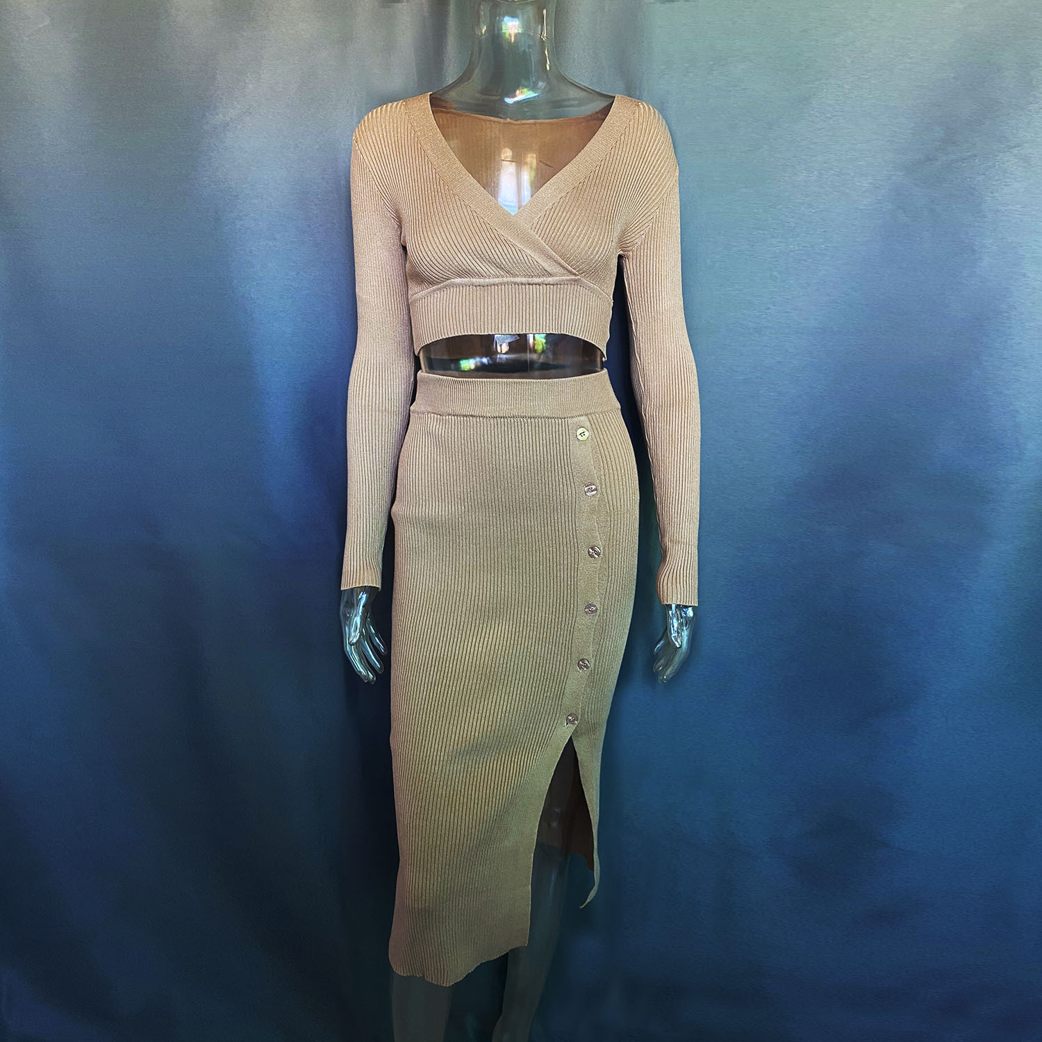 Women's Clothing Slit Sweater Dress Deep V High Elastic Wool Sweater Suit_voghion.com