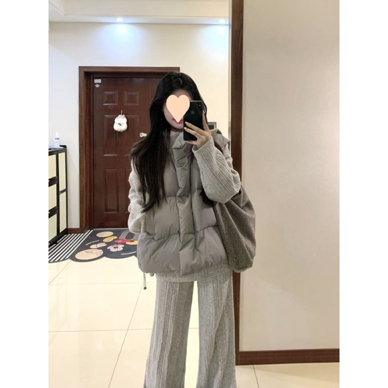女复古保暖棉服马甲外套秋冬装叠穿针织毛衣长裤套装时尚三件套|undefined
