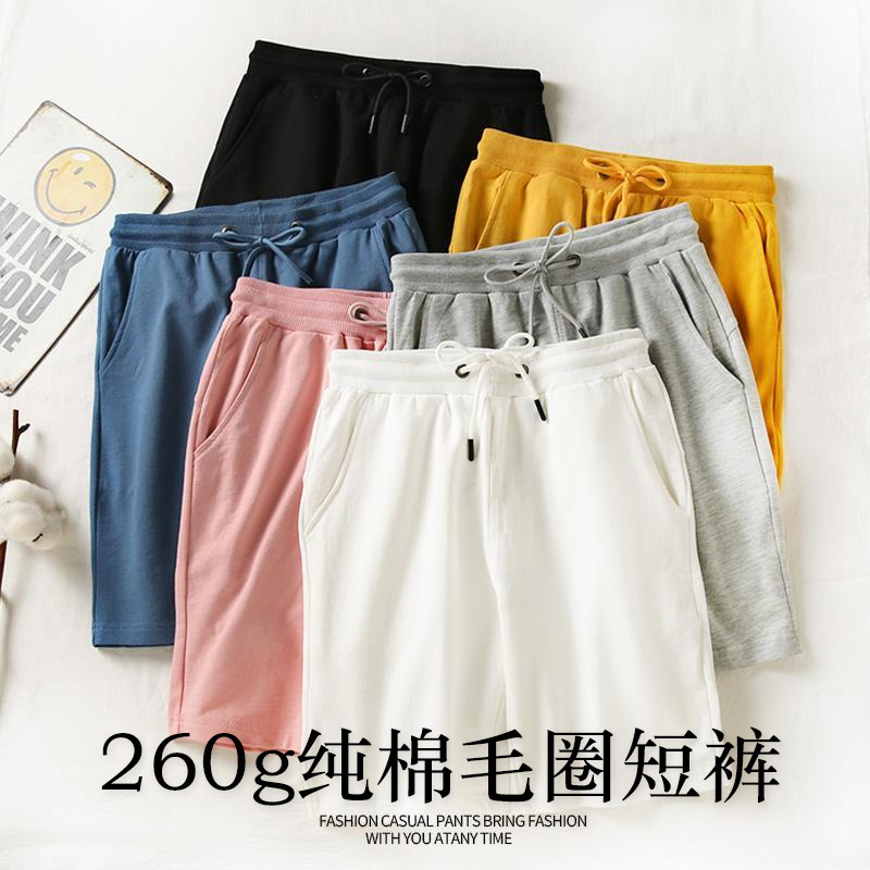 260g 순수 코튼 테리 반바지 느슨한 탄성 대형 솔리드 컬러 캐주얼 비치 바지 남성용 탄성 허리 스포츠 러닝
