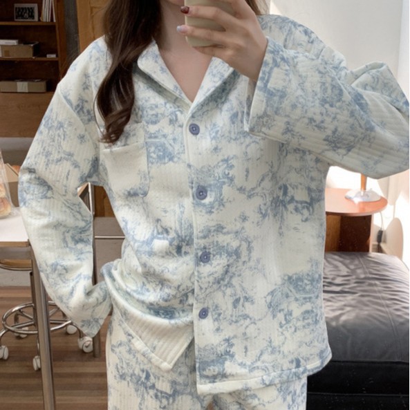 韩国ins女士冬季新品加厚哦韩系水墨花夹层棉简约家居服睡衣套装