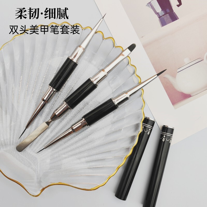 Black Metal Engraved Double-Ended Manicure Pen Steel Surface Pen Pull-Line Pen Functional Pen 3-Piece Set Manicure Brush Art