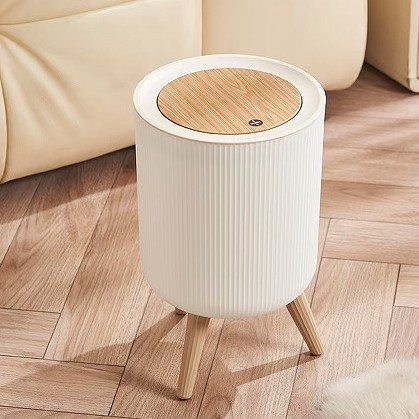 Tall Wood Grain Sensor Trash Can for Home Living Room Bedroom Storage Bucket Office Hotel Plastic Sanitary Bucket Cross-Border