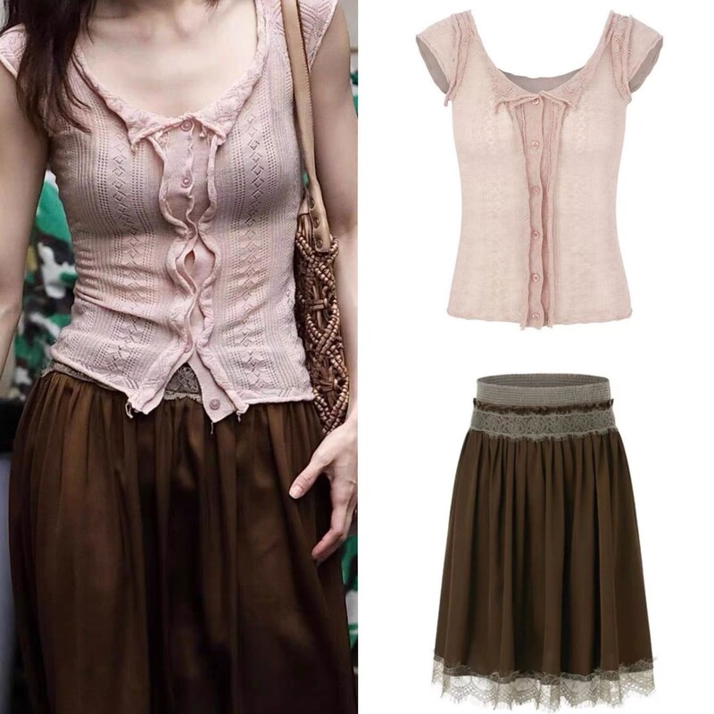 In Stock / Same Style as Zhong Chuxi / Pink Ruffled Knit Vest Top + Brown Lace Trim Skirt Set In Stock / Same Style as Zhong Chuxi / Pink Ruffled Knit Vest Top + Brown Lace Trim Skirt Set