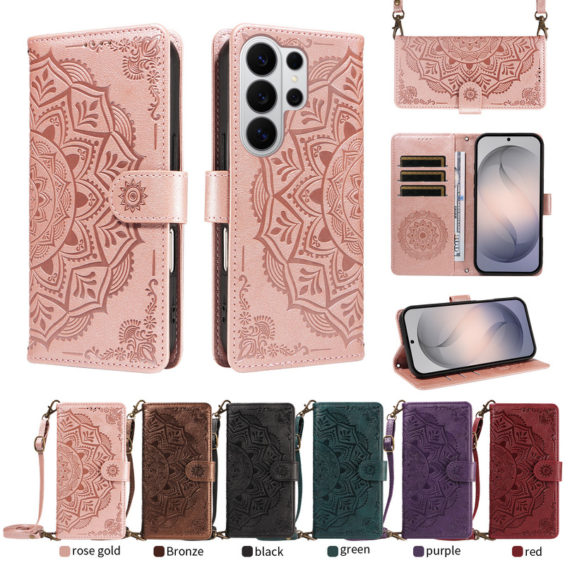 Suitable for Samsung S26 Ultra Mandala Embossed Phone Leather Case Flip Cover S26 Crossbody Card Slot Case