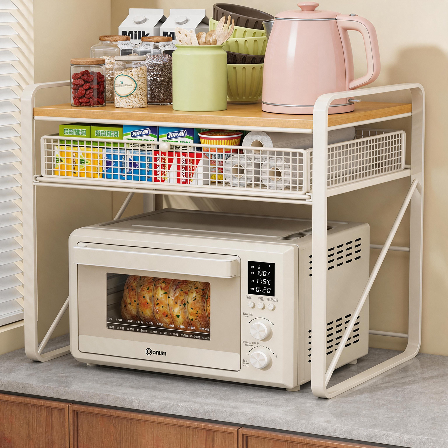 Kitchen microwave stand, countertop shelf, layered oven rack, drawer-style cling film storage rack, multi-functional spice rack