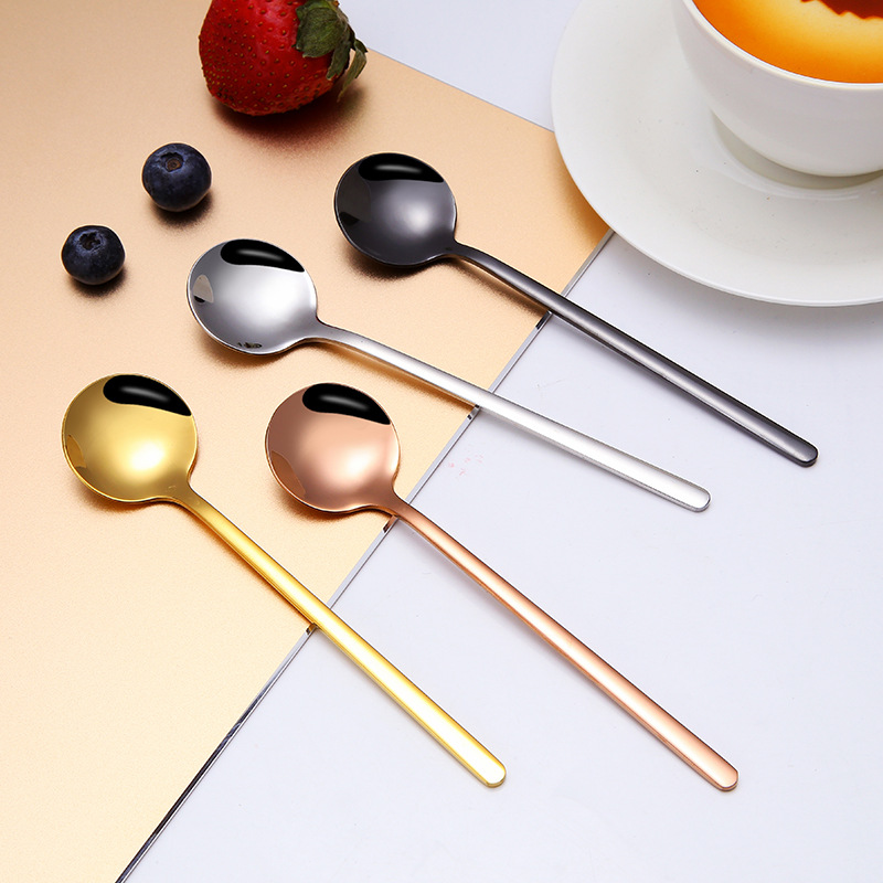 304 de acero inoxidable cuchara redonda pequeña cuchara de café cuchara de mango largo cuchara de mezcla cuchara de postre hogar cuchara de helado fábrica al por mayor