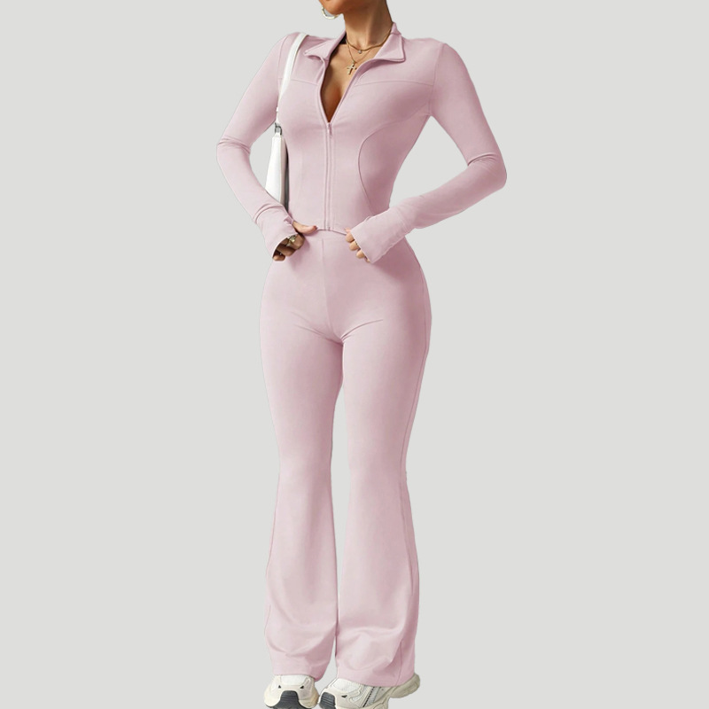 Women's Solid Color Long-Sleeved Zipper Sports Suit High-Waisted Slightly Flared Fitness Pants + Quick-Drying Nude Yoga Suit