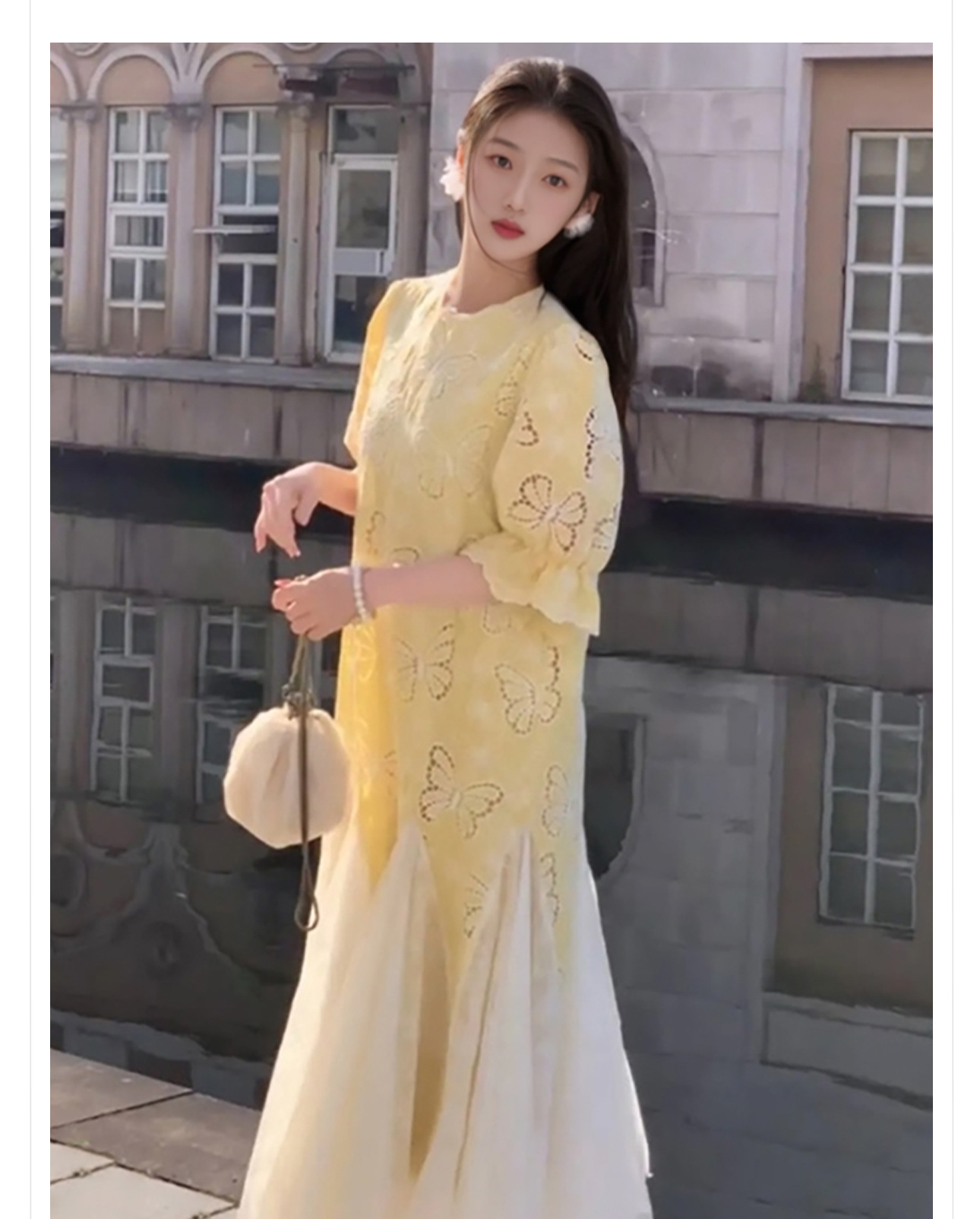 Đầm maxi nữ thêu bướm phong cách Trung Hoa mới, viền ren phối eo — Vàng chanh chi tiết 2