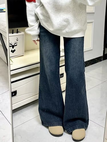 Deep Blue Fleece Lined Flared Jeans for Women - Autumn/Winter Style, Loose Fit, Non-Stick, Slim Straight Leg Flared Pants