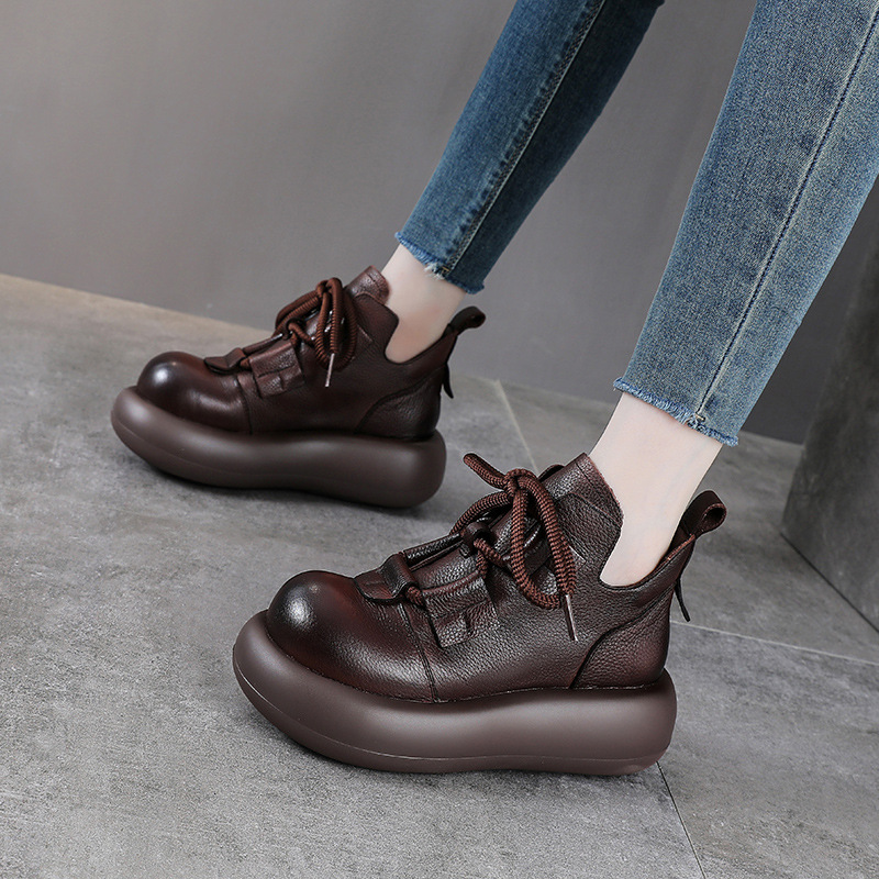 厚底马丁靴女头层牛皮复古短靴秋冬新款单靴真皮小个子增高松糕靴