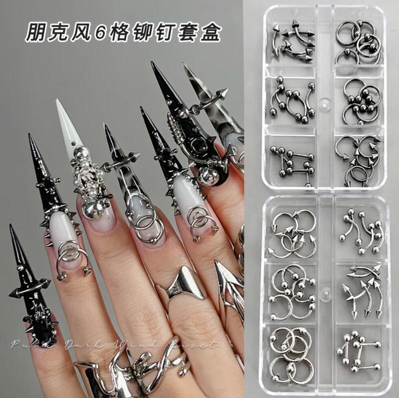 6-compartment box of punk-style nail art metal studs, 30 pieces of white K gunmetal gray round perforated studs for nail accessories 6-compartment box of punk-style nail art metal studs, 30 pieces of white K gunmetal gray round perforated studs for nail accessories
