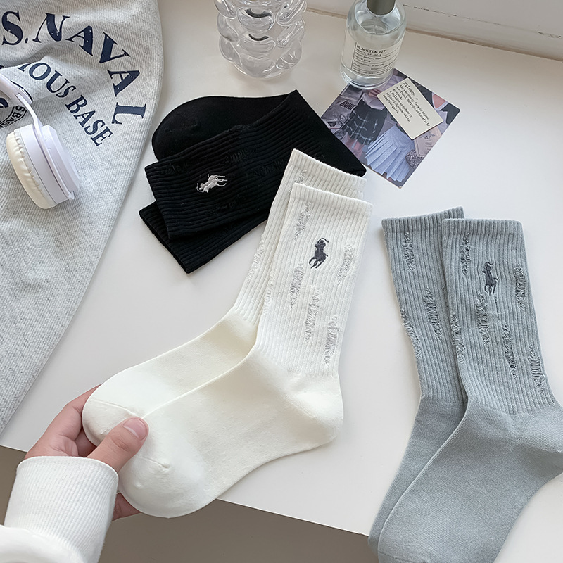 Ripped Socks Women's Mid-Calf Socks Ins Trendy Polo Embroider Summer Thin Outer Wear Versatile Korean Fashion Stockings