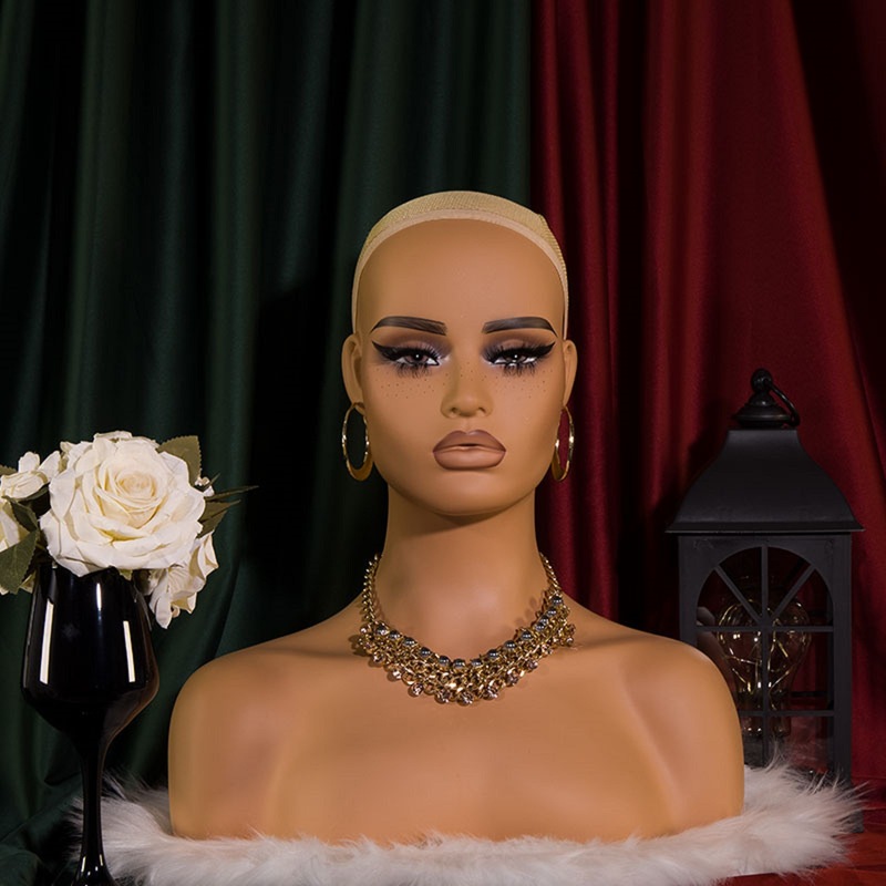 欧米の女性のかつらの頭の型のmannequin headの半身の両肩のPVCのモデルの特頭は展示の道具を撮影します。|undefined