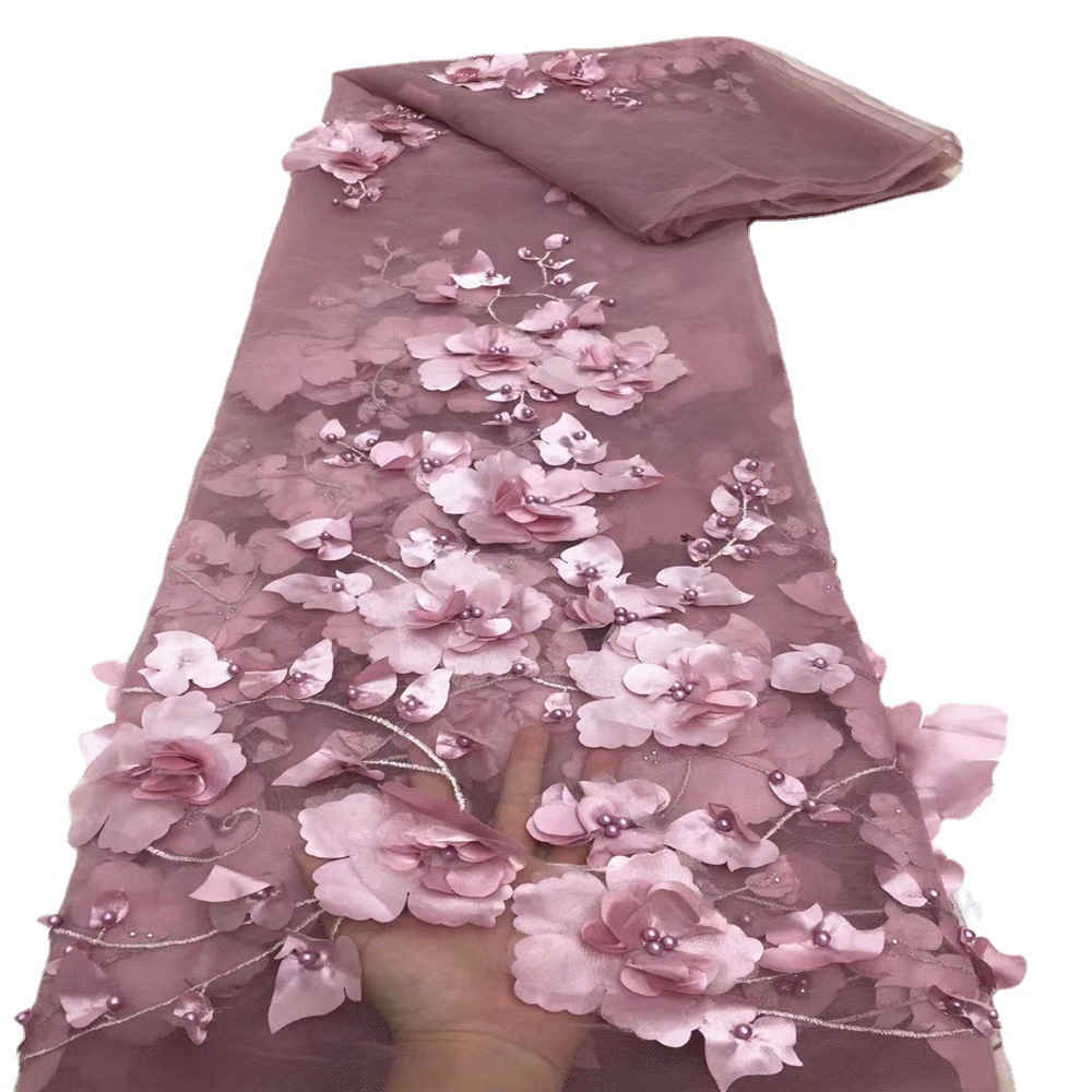 3D bordado tela de malla hecha a mano con cuentas tridimensional bordado tela primavera y verano ropa vestido de tela en stock venta al por mayor