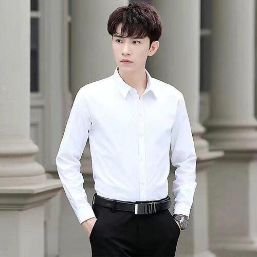 Student Youth Han Version Slim Fit Solid Color Long Sleeve Shirt Men Iron-Free Business Formal Solid Color Work Uniform Shirt
