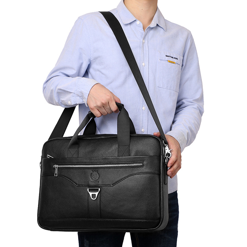 Cặp da bò lớp đầu Lion Leiden đựng laptop 16 inch, nhiều ngăn, chống nước, phong cách công sở — Màu đen