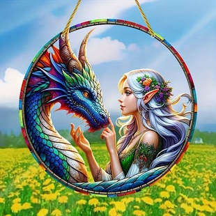 One, 5.9-inch round acrylic sun catcher, stained glass style, magic and dragon design
