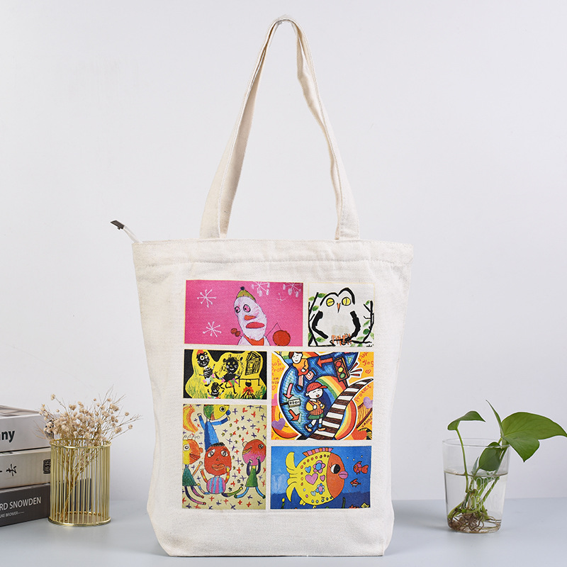 休闲时尚手提袋帆布袋定制拉链内袋彩印图案logo礼品广告袋棉布袋