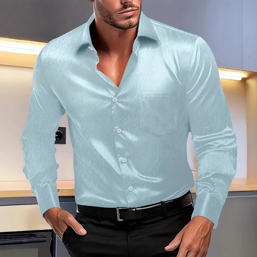 Monochrome Man- Cross-Border European American Spring And Autumn New Men's Casual Solid Color Silky Turn-Down Collar Long Sleeve_voghion.com
