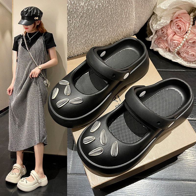 Mary Jane Hole Shoes Women's Summer Office Sandals Heightened Baotou Cyber Popular Thick Bottom Slippers for Summer Women