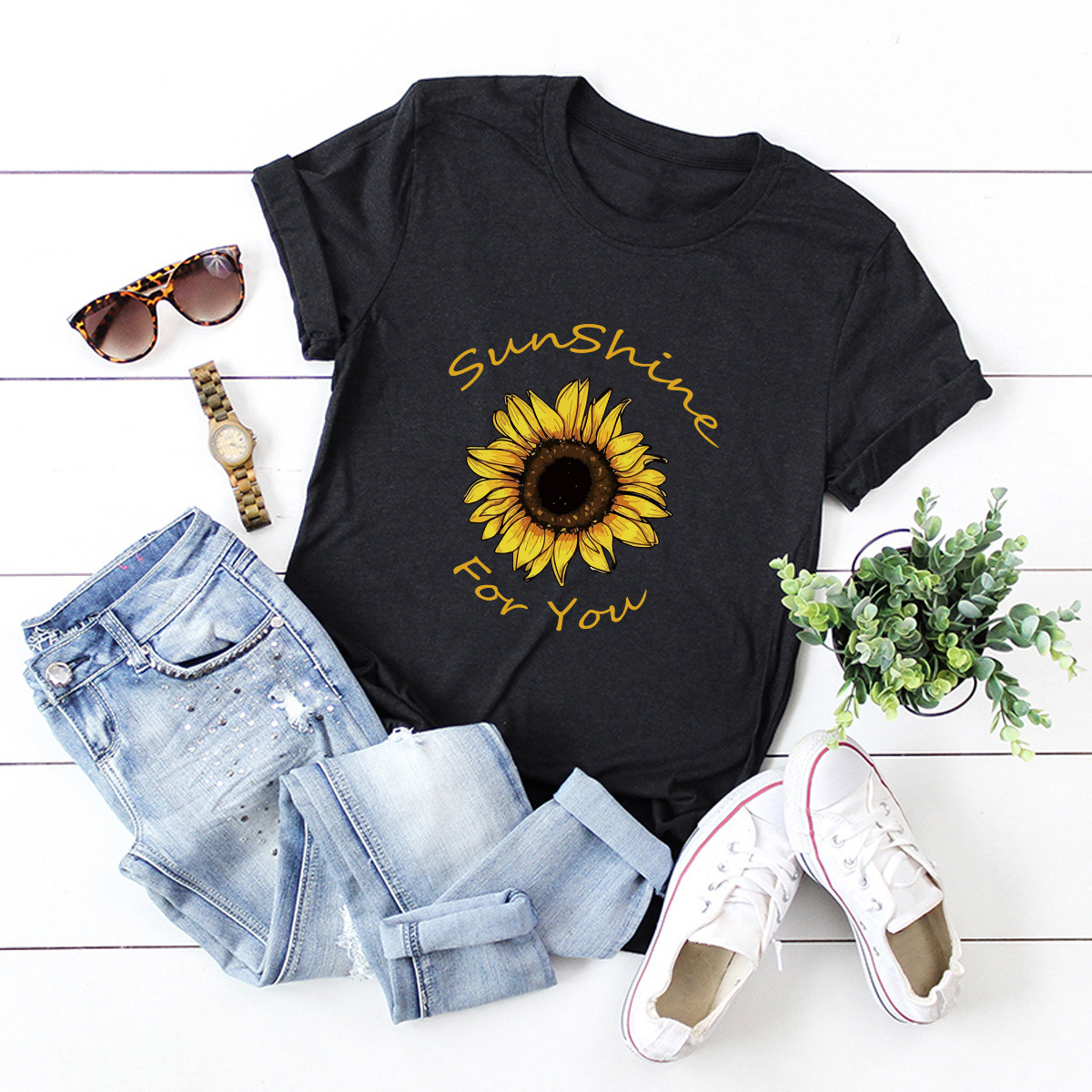 Camiseta De Algodón De Girasol Con Letras De Color Liso display picture 8