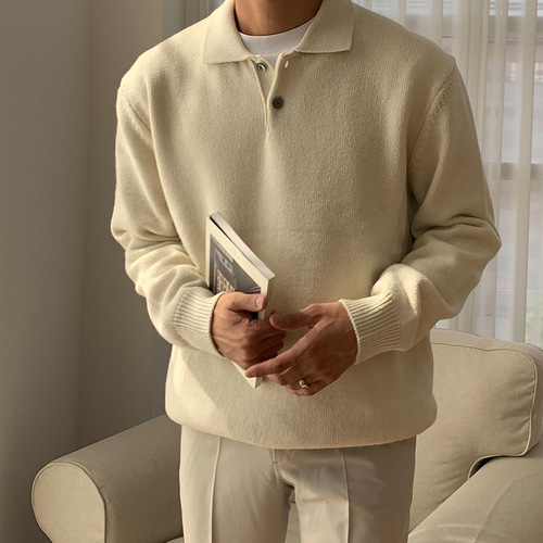 Fall Polo Collar Solid Color Men's Versatile Casual Korean Style Loose Hoodless Knit Sweater Hong Kong Style Line Top