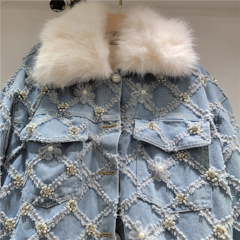 Jacquard diamante denim cristal flor clavos perlas industria pesada acolchado denim abrigo de nicho de diseño de algodón image 3