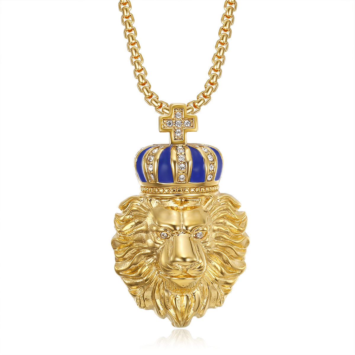 Lion, Crown Pattern Men's Gender Hip-Hop Lion Crown Titanium Steel Enamel Plating Rhinestones 18K Gold Plated Men's
