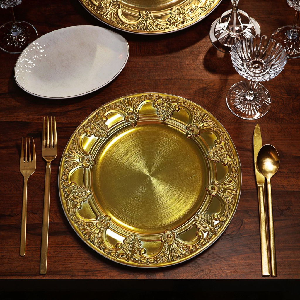 Fábrica directa platos de oro galvanizados imitación de metal procesamiento de bodas de hotel procesamiento de pintura de plástico platos de decoración