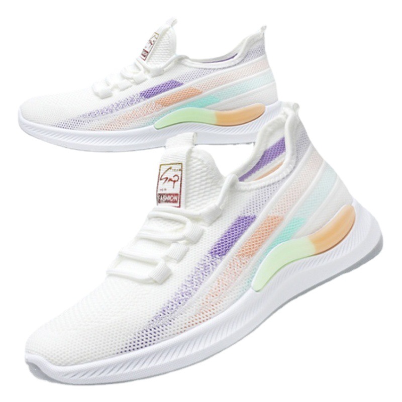 Una pieza de calzado deportivo para mujer, zapatos para correr ligeros, nuevo estilo, transpirable, tejido volador, antideslizante, suela suave, zapatos blancos de todo fósforo para mujer