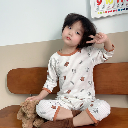 Children's pajamas summer thin three-quarter sleeve girls cartoon home clothes set baby short-sleeved air-conditioned clothes set summer
