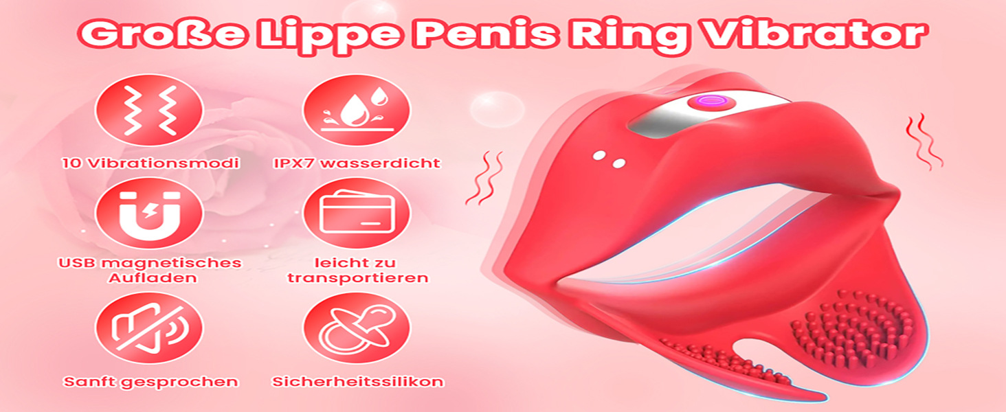 Red Lip Vibrating Lock Ring Silicone Cock Ring with Prostate and Testicle Vibration — detail image 1