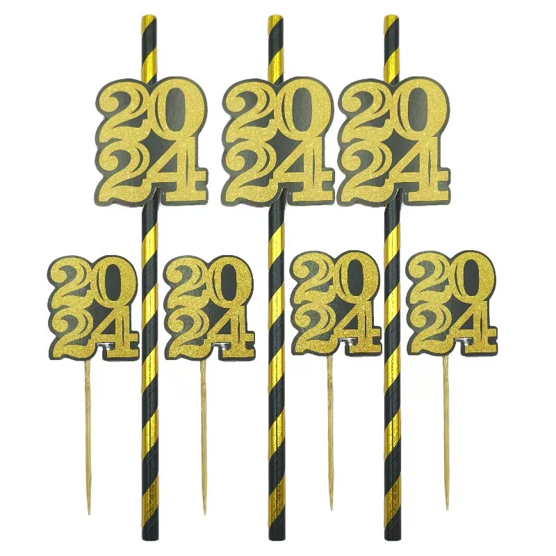 Pajita de papel de fiesta transfronteriza 2024 Pajita de tarjeta de oro negro Postre degradable desechable Pajita decorativa