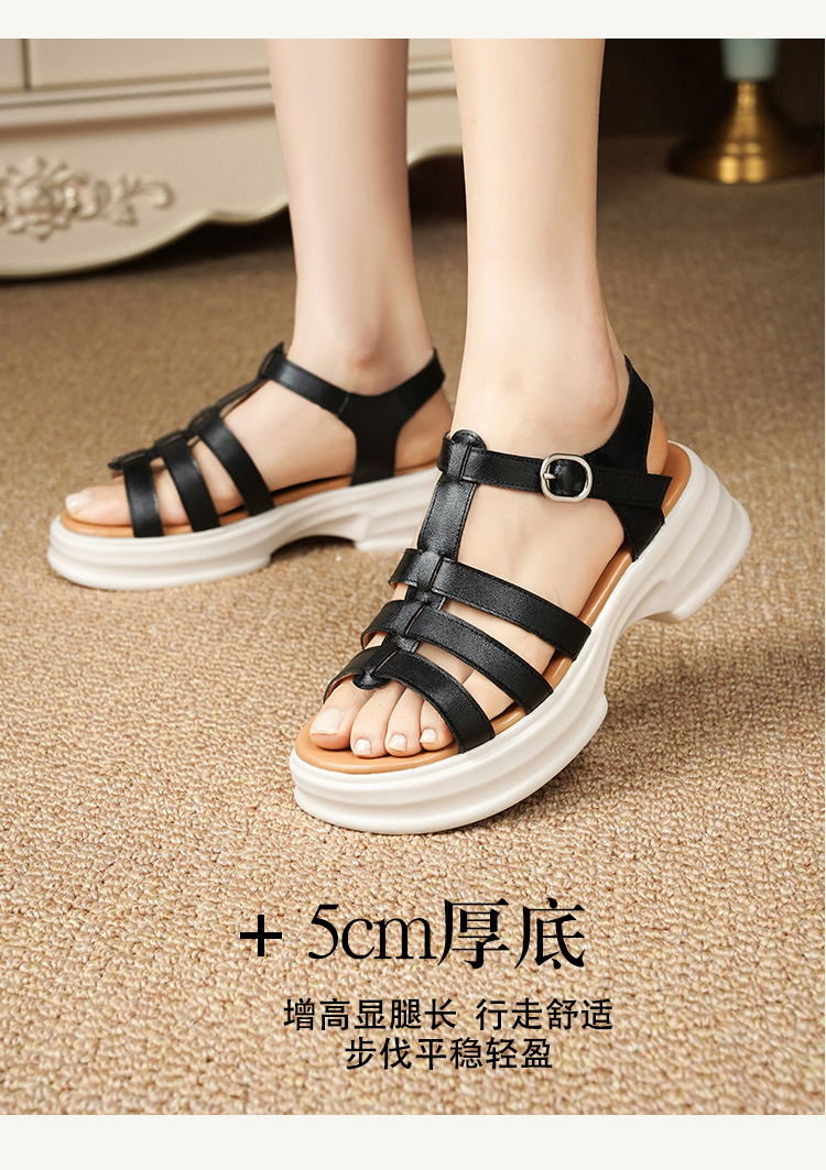 Sandal La Mã nữ da thật đế dày gót vuông quai ngang — Màu đen chi tiết 21