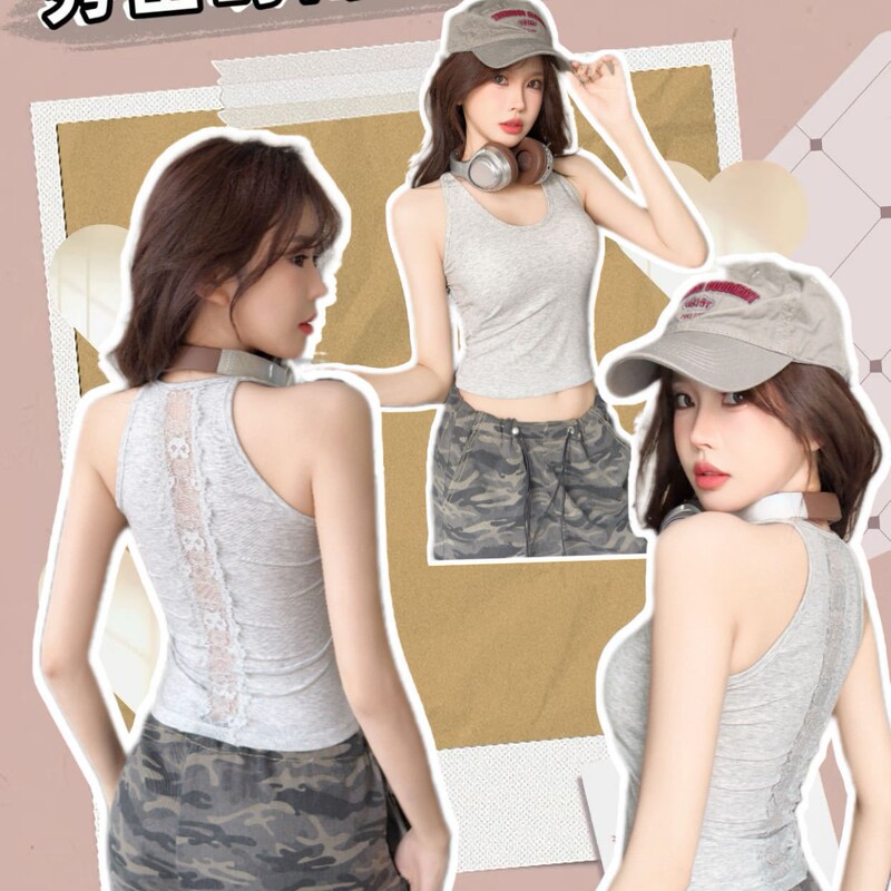 316 Lyocell# Lace Stitching Cool Sense Lyocell Girls' I-shaped Vest All-match Slim-fit Short Top