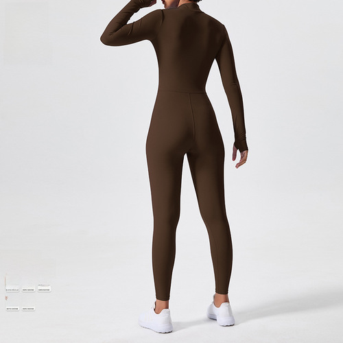 Cross-border long-sleeved outdoor sports one-piece fitness clothing zipper training tight hip-lifting sports one-piece yoga wear