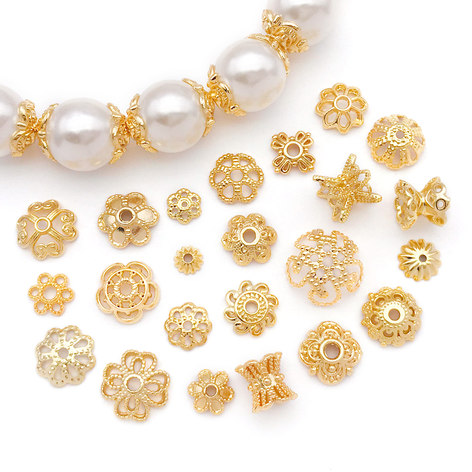 18K铜渡金保色镂空花托diy手链项链花瓣隔片串珠饰品花帽珠托配件