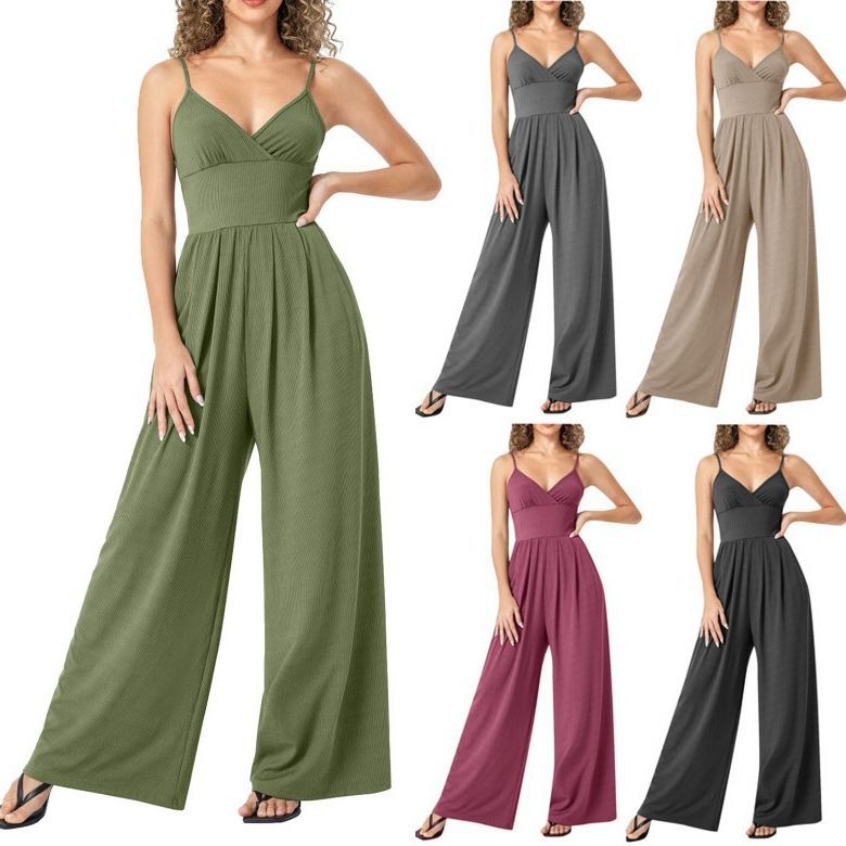 Women's Solid Color V-Neck Straight-Leg Suspender Jumpsuit 2023 New Style