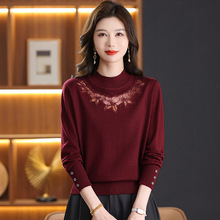2025秋冬季新款镂空刺绣半高领6羊毛针织打底衫洋气减龄毛衣上衣