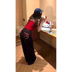 小个子美式辣妹kitty刺绣牛仔裤女新款高腰宽松设计直筒拖地裤子