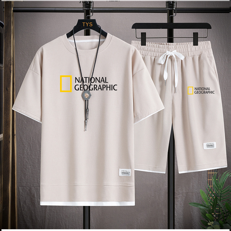 Dwuczęściowy zestaw męski T-shirt sportowy Waffle Short z krótkim rękawem i luźnym, krótkim rękawem, na lato_voghion.com