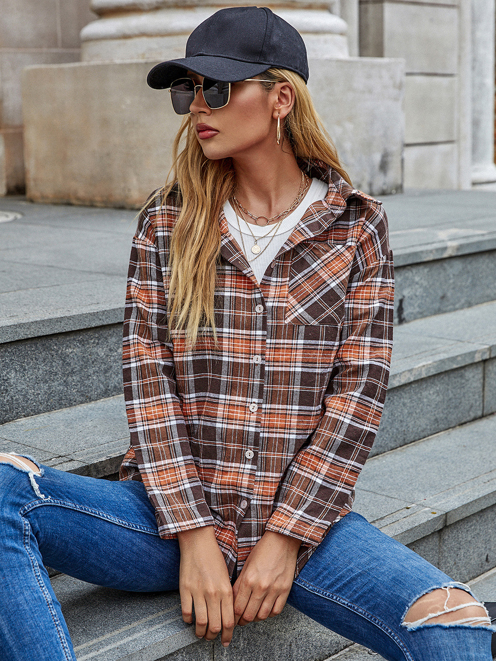 plaid single-breasted lapel casual mid-length long-sleeved shirt jacket nihaostyles wholesale clothing NSDF84891